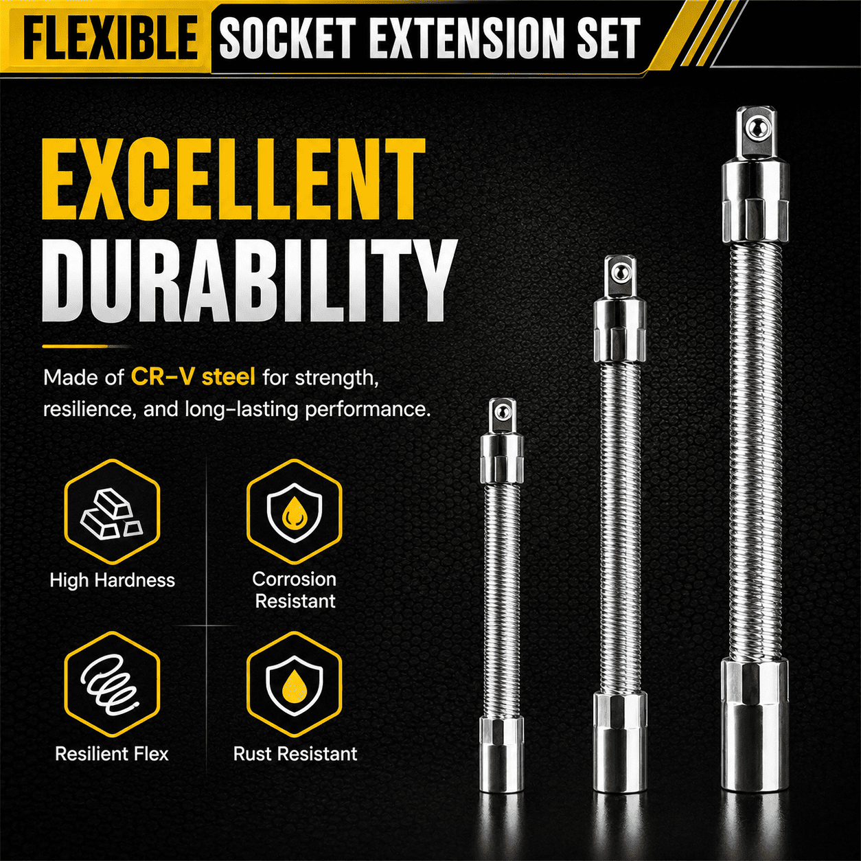 3-Piece Flexible Socket Extension Set for Tight Spaces, CR-V Steel Ratchet Extension Shafts