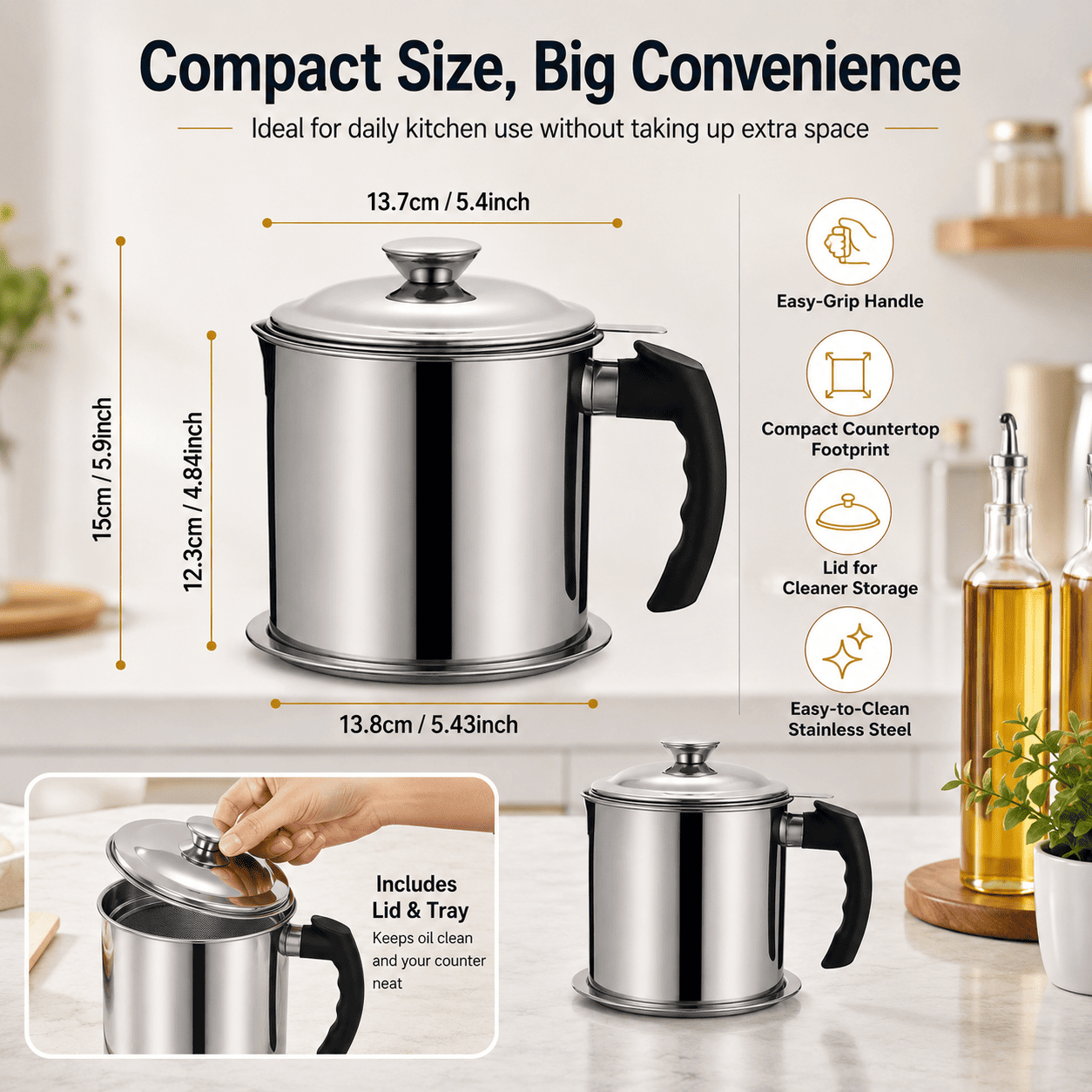 304 Stainless Steel Kitchen Oil Storage Canister with Mesh Strainer