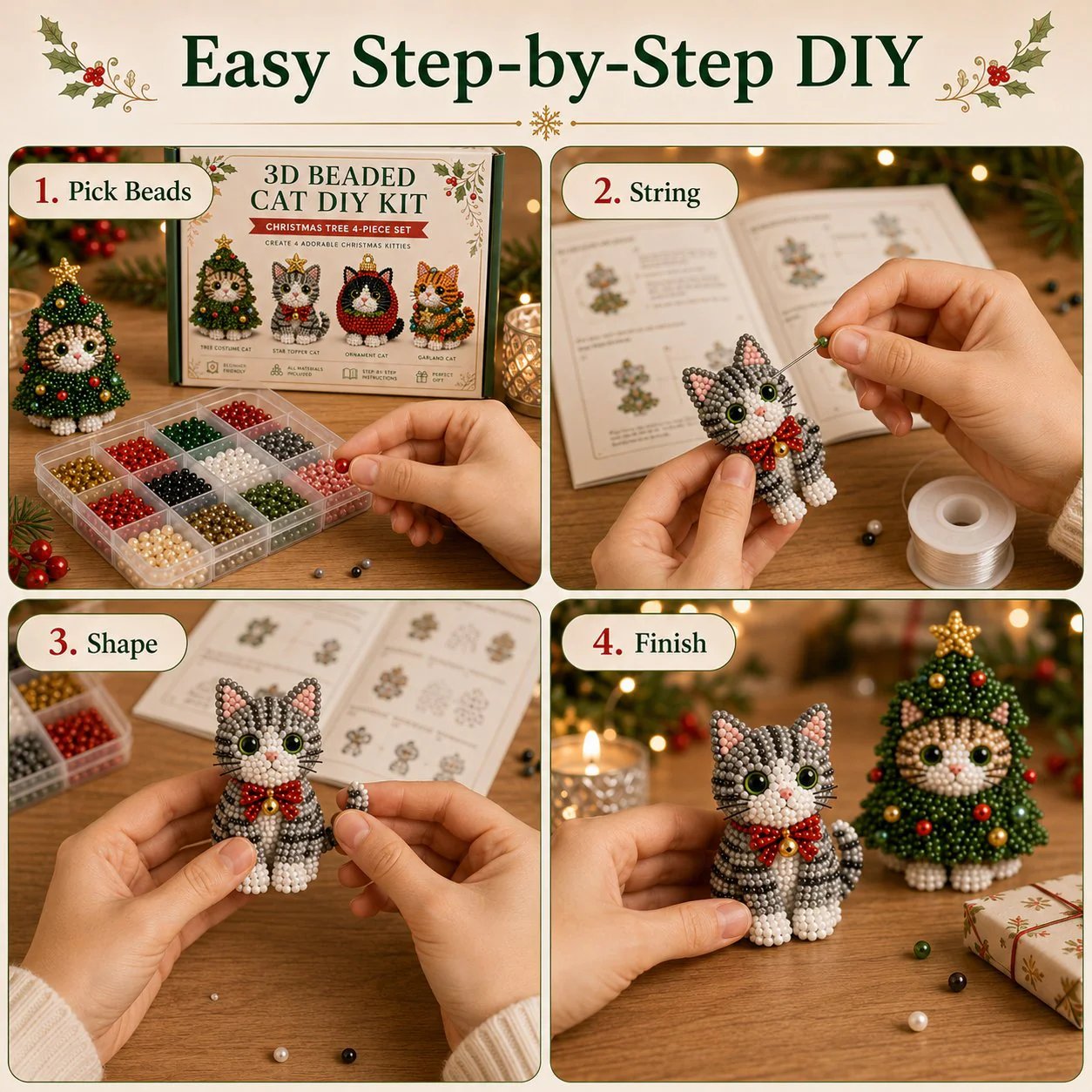 🎄 3D Beaded Christmas Cat DIY Craft Kit Set of 4 Handmade Ornaments 🐱
