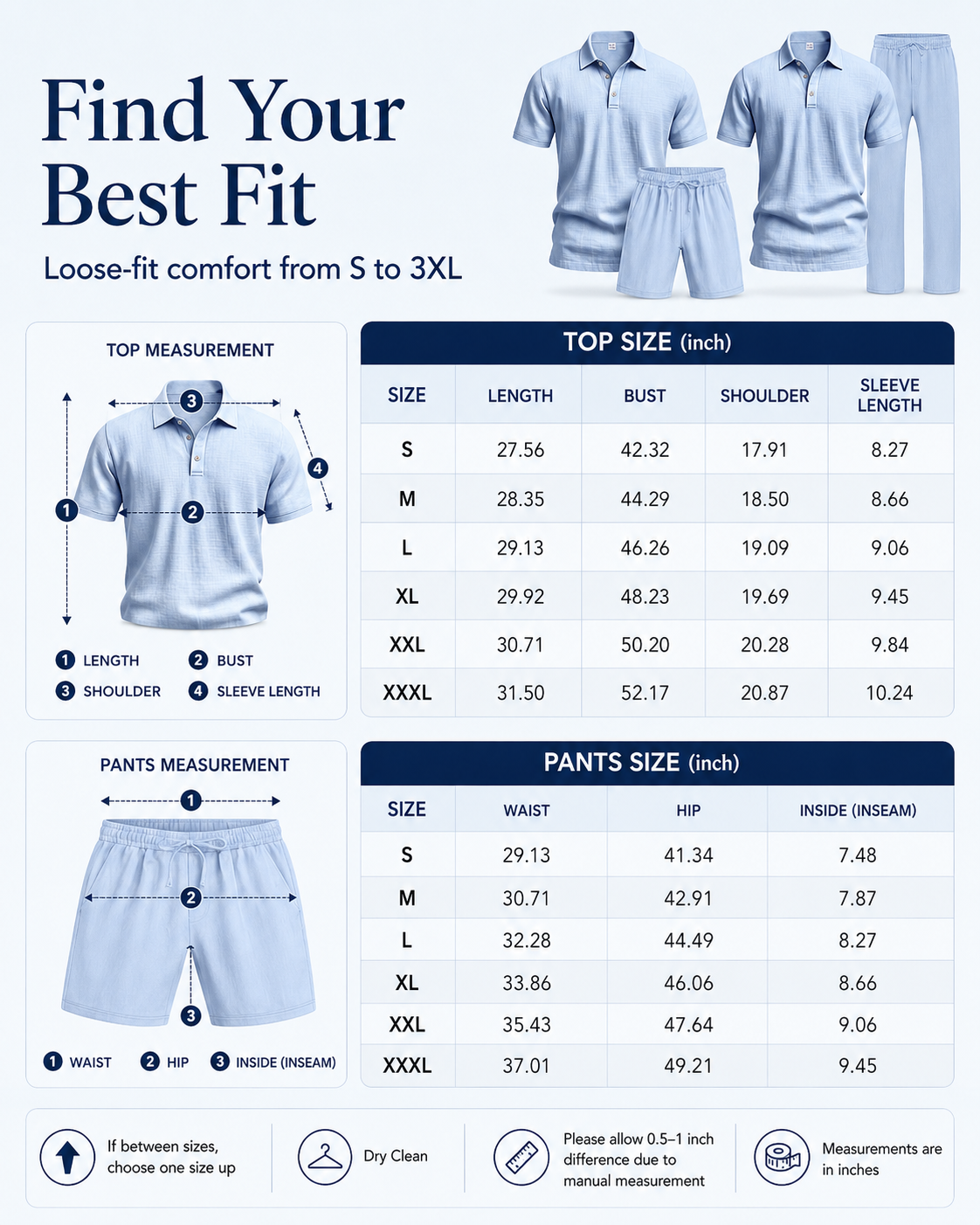 Men’s Linen-Blend 2-Piece Summer Set – Polo Shirt with Shorts or Trousers