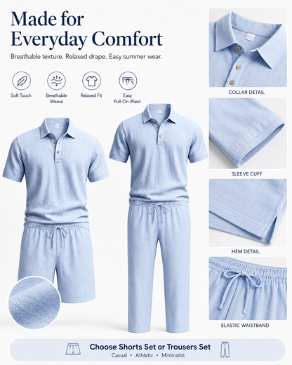 Men’s Linen-Blend 2-Piece Summer Set – Polo Shirt with Shorts or Trousers