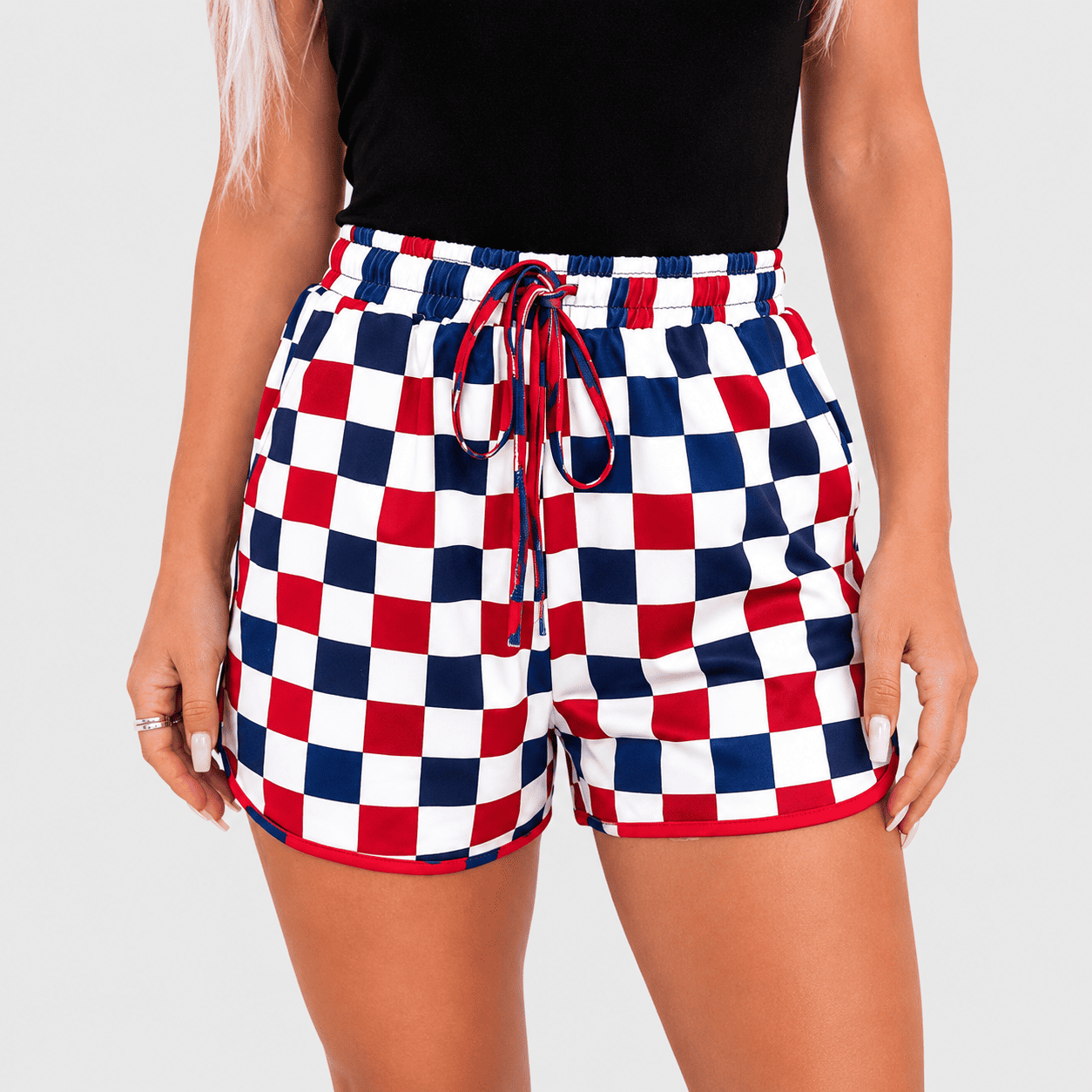 Women's Checkered Casual Shorts | Elastic High Waist Drawstring Summer Lounge Shorts with Pockets