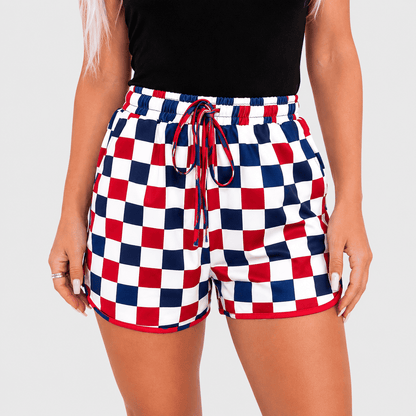 Women's Checkered Casual Shorts | Elastic High Waist Drawstring Summer Lounge Shorts with Pockets