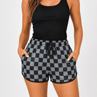Women's Checkered Casual Shorts | Elastic High Waist Drawstring Summer Lounge Shorts with Pockets