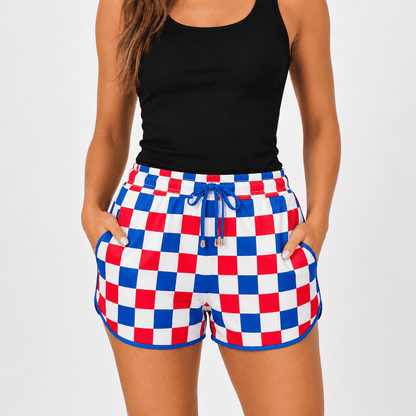 Women's Checkered Casual Shorts | Elastic High Waist Drawstring Summer Lounge Shorts with Pockets