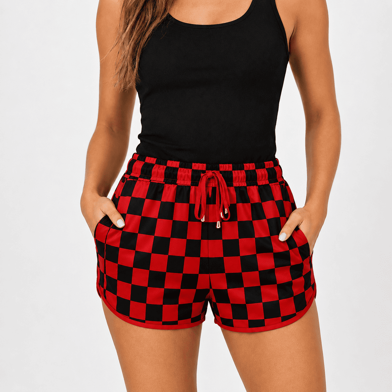 Women's Checkered Casual Shorts | Elastic High Waist Drawstring Summer Lounge Shorts with Pockets