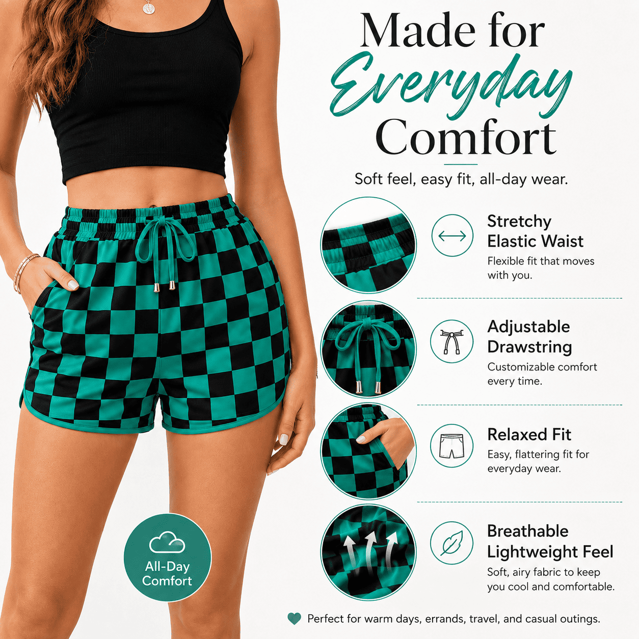 Women's Checkered Casual Shorts | Elastic High Waist Drawstring Summer Lounge Shorts with Pockets