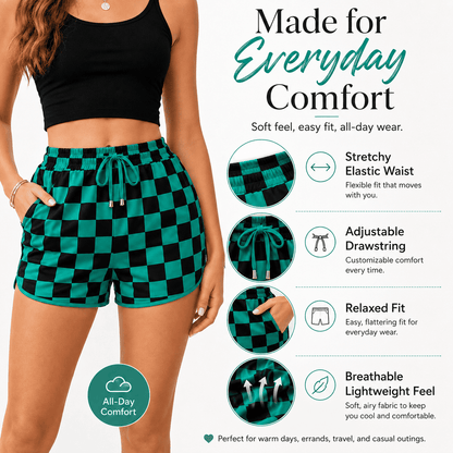 Women's Checkered Casual Shorts | Elastic High Waist Drawstring Summer Lounge Shorts with Pockets