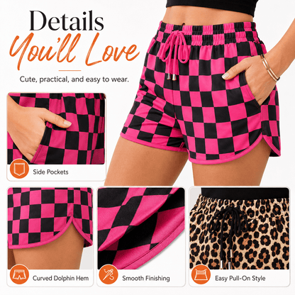 Women's Checkered Casual Shorts | Elastic High Waist Drawstring Summer Lounge Shorts with Pockets