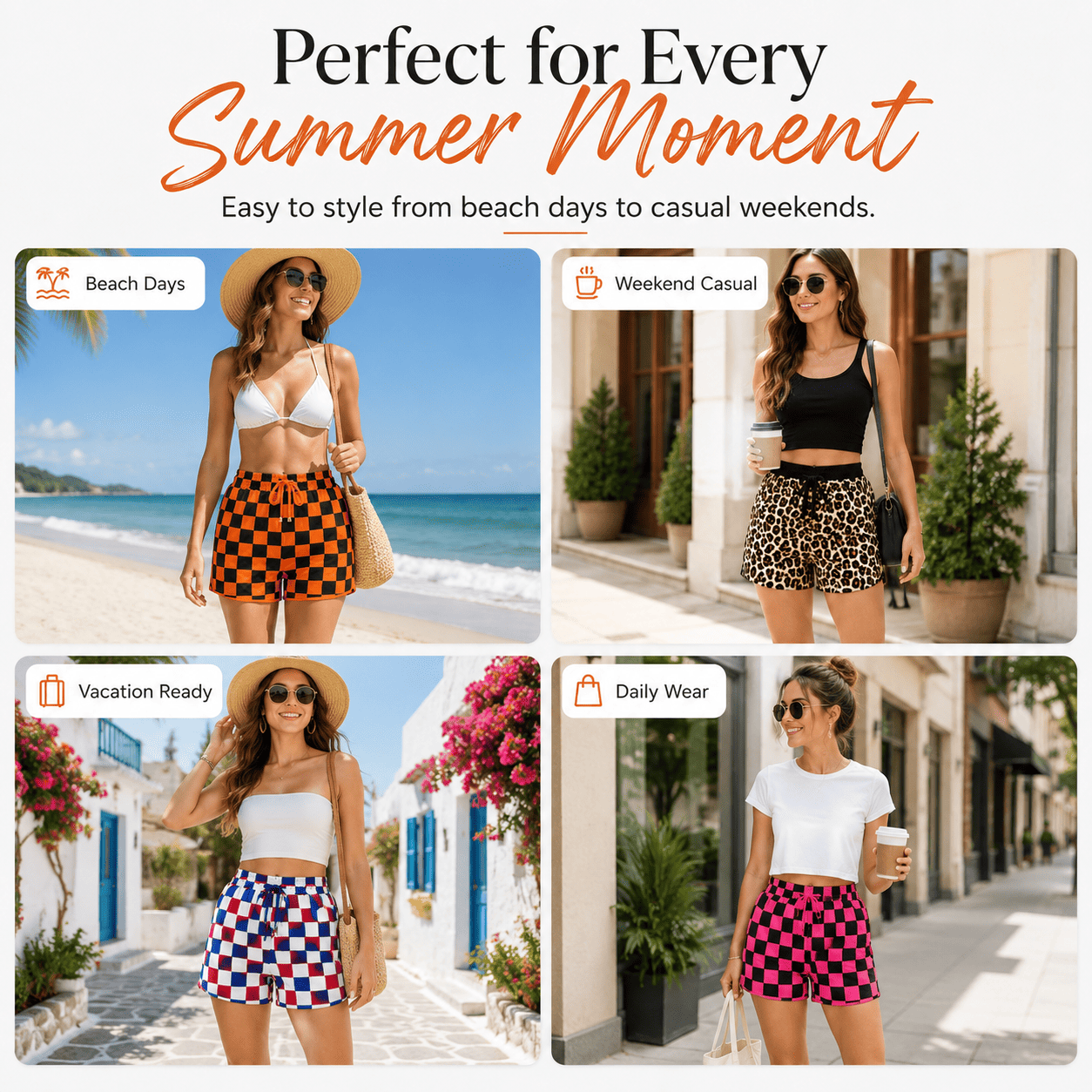 Women's Checkered Casual Shorts | Elastic High Waist Drawstring Summer Lounge Shorts with Pockets