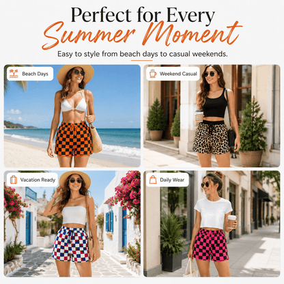 Women's Checkered Casual Shorts | Elastic High Waist Drawstring Summer Lounge Shorts with Pockets