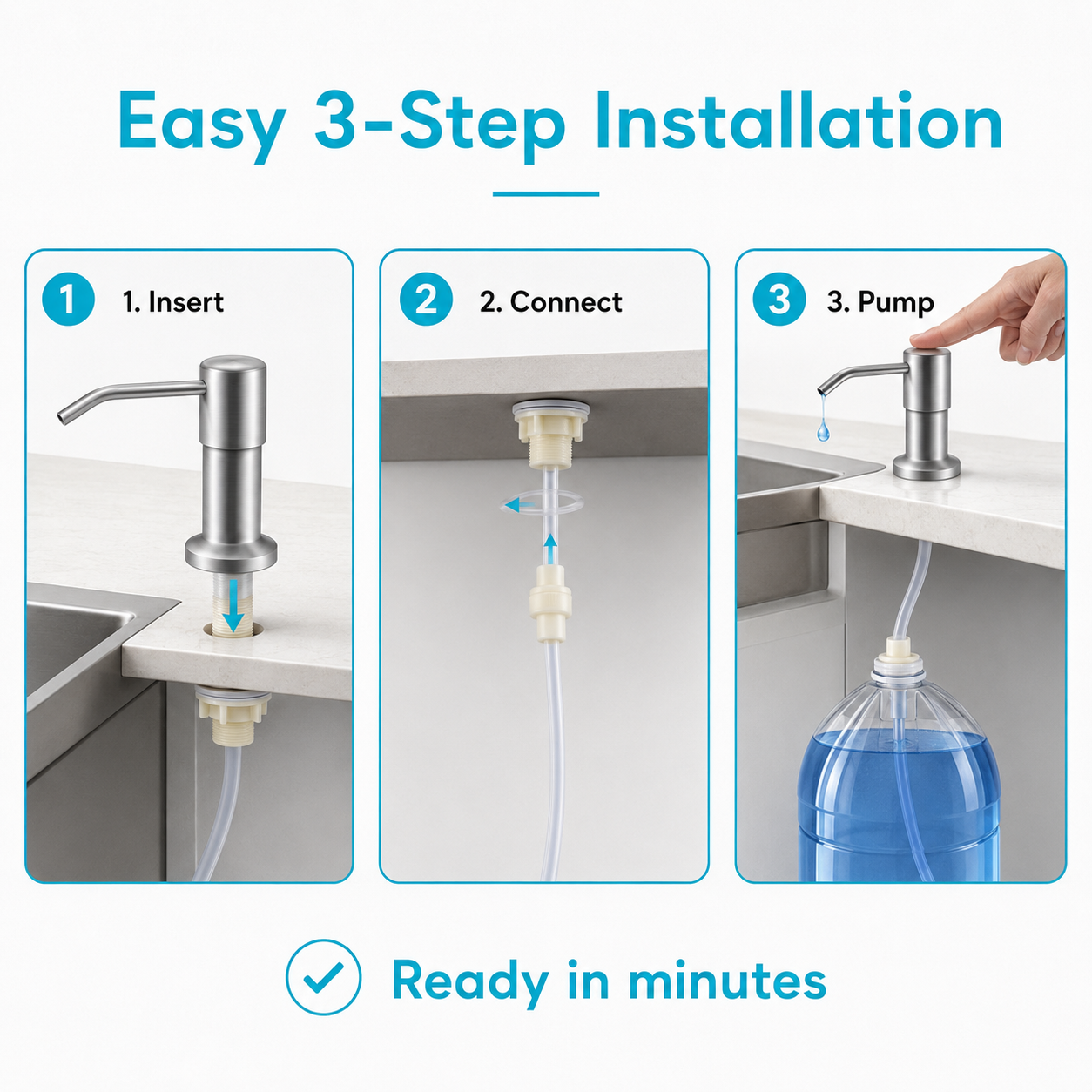 Large Bottle Sink Soap Dispenser Kit – 360° Swivel Stainless Steel Pump with 47-Inch Extension Tube