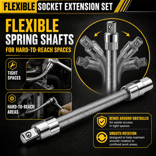 3-Piece Flexible Socket Extension Set for Tight Spaces, CR-V Steel Ratchet Extension Shafts