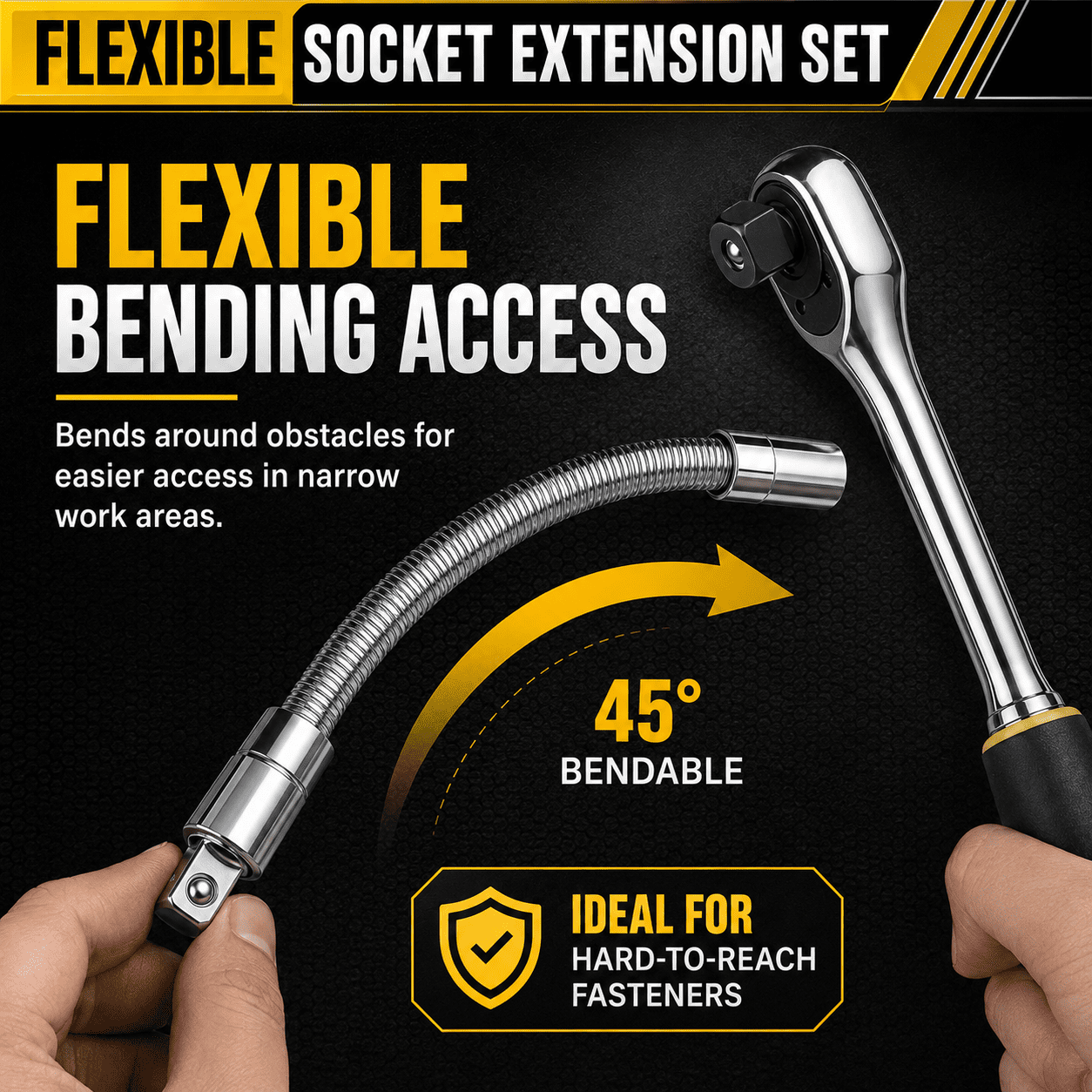 3-Piece Flexible Socket Extension Set for Tight Spaces, CR-V Steel Ratchet Extension Shafts