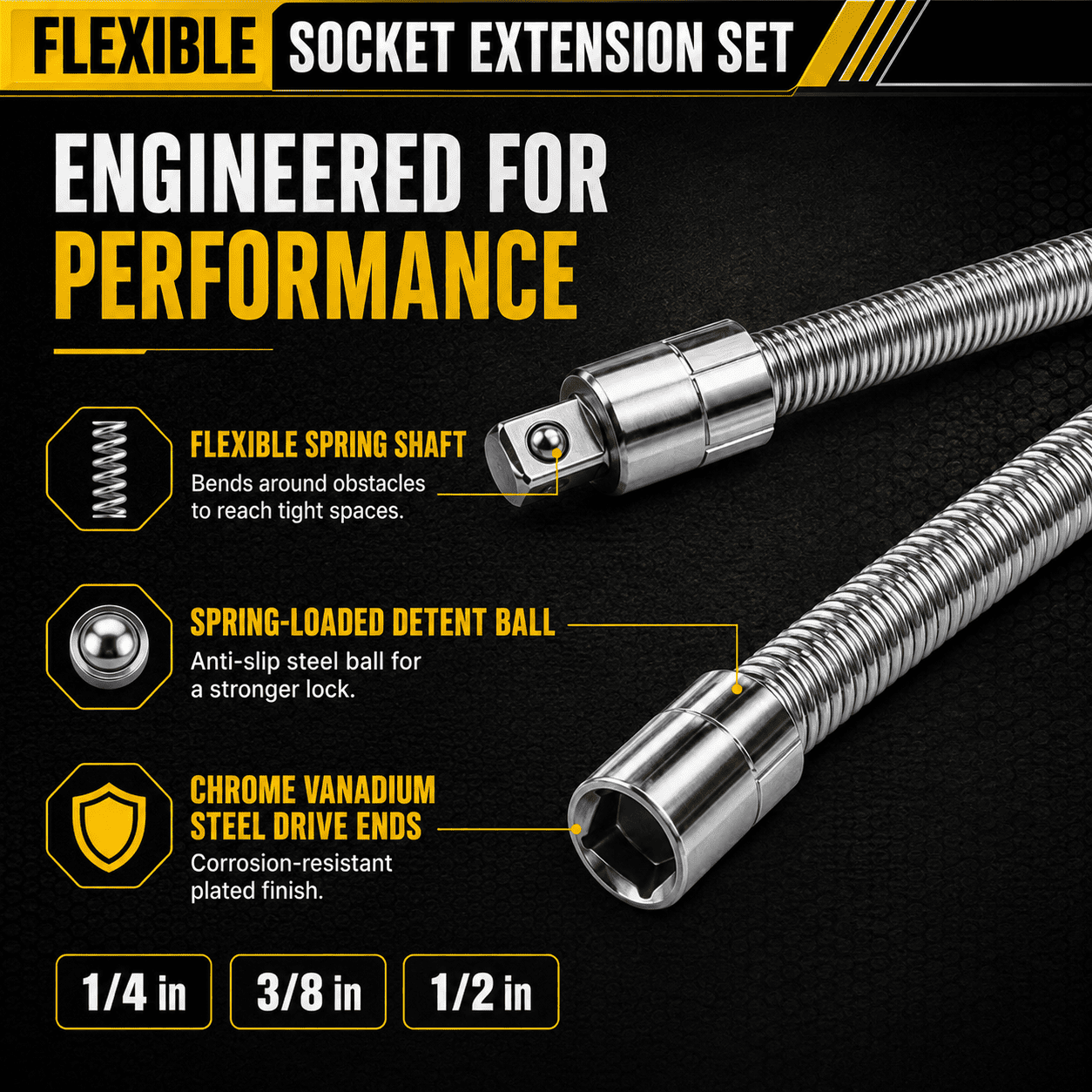 3-Piece Flexible Socket Extension Set for Tight Spaces, CR-V Steel Ratchet Extension Shafts