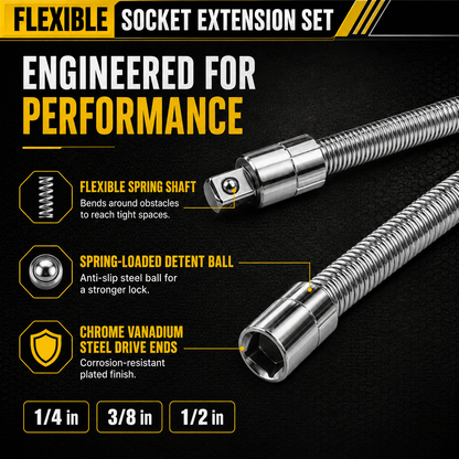 3-Piece Flexible Socket Extension Set for Tight Spaces, CR-V Steel Ratchet Extension Shafts