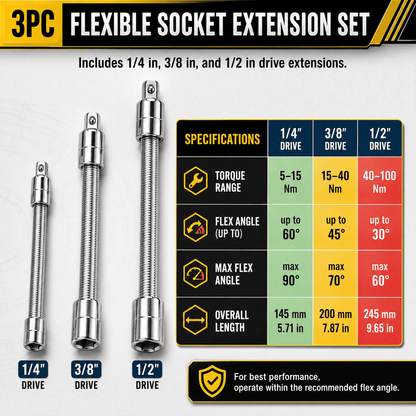 3-Piece Flexible Socket Extension Set for Tight Spaces, CR-V Steel Ratchet Extension Shafts
