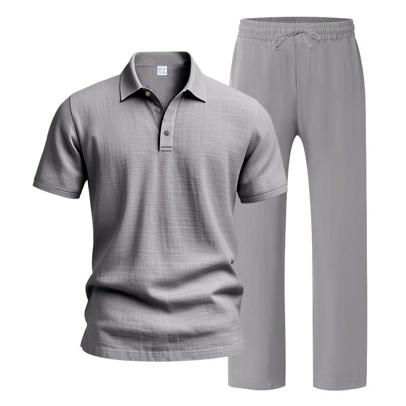 Men’s Linen-Blend 2-Piece Summer Set – Polo Shirt with Shorts or Trousers