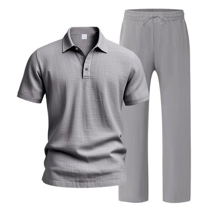 Men’s Linen-Blend 2-Piece Summer Set – Polo Shirt with Shorts or Trousers
