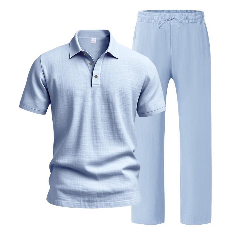 Men’s Linen-Blend 2-Piece Summer Set – Polo Shirt with Shorts or Trousers