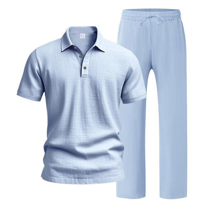 Men’s Linen-Blend 2-Piece Summer Set – Polo Shirt with Shorts or Trousers