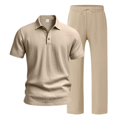Men’s Linen-Blend 2-Piece Summer Set – Polo Shirt with Shorts or Trousers