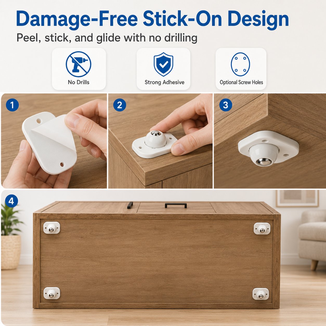 360° Self-Adhesive Mini Caster Wheels – Peel & Stick Multi-Directional Rollers for Furniture, Storage Bins & Home Organizers