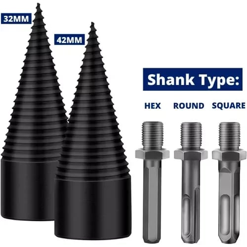 Firewood Splitting Drill Bit – High-Carbon Steel Wood Splitter Cone with Round, Square & Hex Shank Options