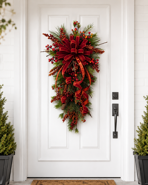 Velvet Berry Fall Door Swag Wreath – Elegant Teardrop Christmas Front Door Decoration