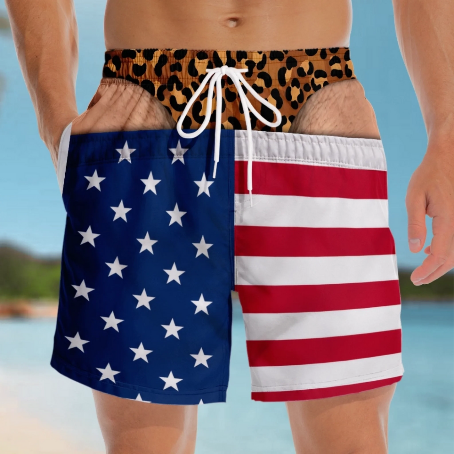 Personalized Funny Patriotic “Warning: Wide Load” Men’s Swim Trunks