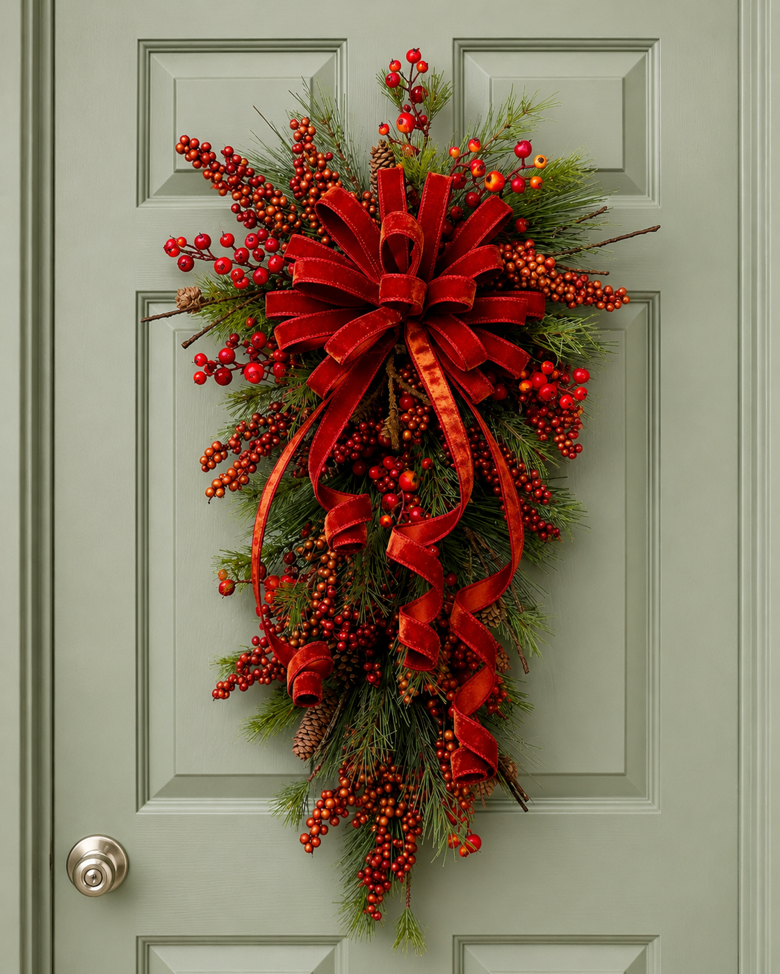 Velvet Berry Fall Door Swag Wreath – Elegant Teardrop Christmas Front Door Decoration