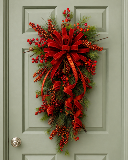 Velvet Berry Fall Door Swag Wreath – Elegant Teardrop Christmas Front Door Decoration