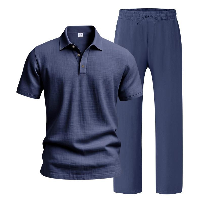 Men’s Linen-Blend 2-Piece Summer Set – Polo Shirt with Shorts or Trousers