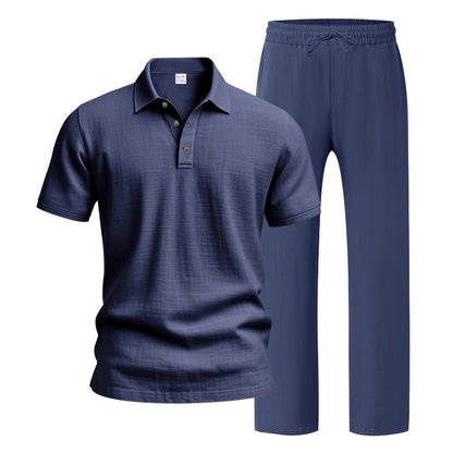 Men’s Linen-Blend 2-Piece Summer Set – Polo Shirt with Shorts or Trousers