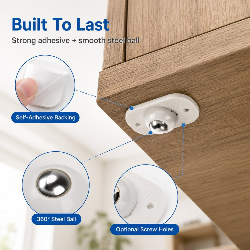 360° Self-Adhesive Mini Caster Wheels – Peel & Stick Multi-Directional Rollers for Furniture, Storage Bins & Home Organizers
