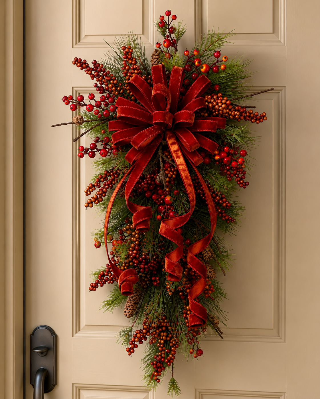 Velvet Berry Fall Door Swag Wreath – Elegant Teardrop Christmas Front Door Decoration