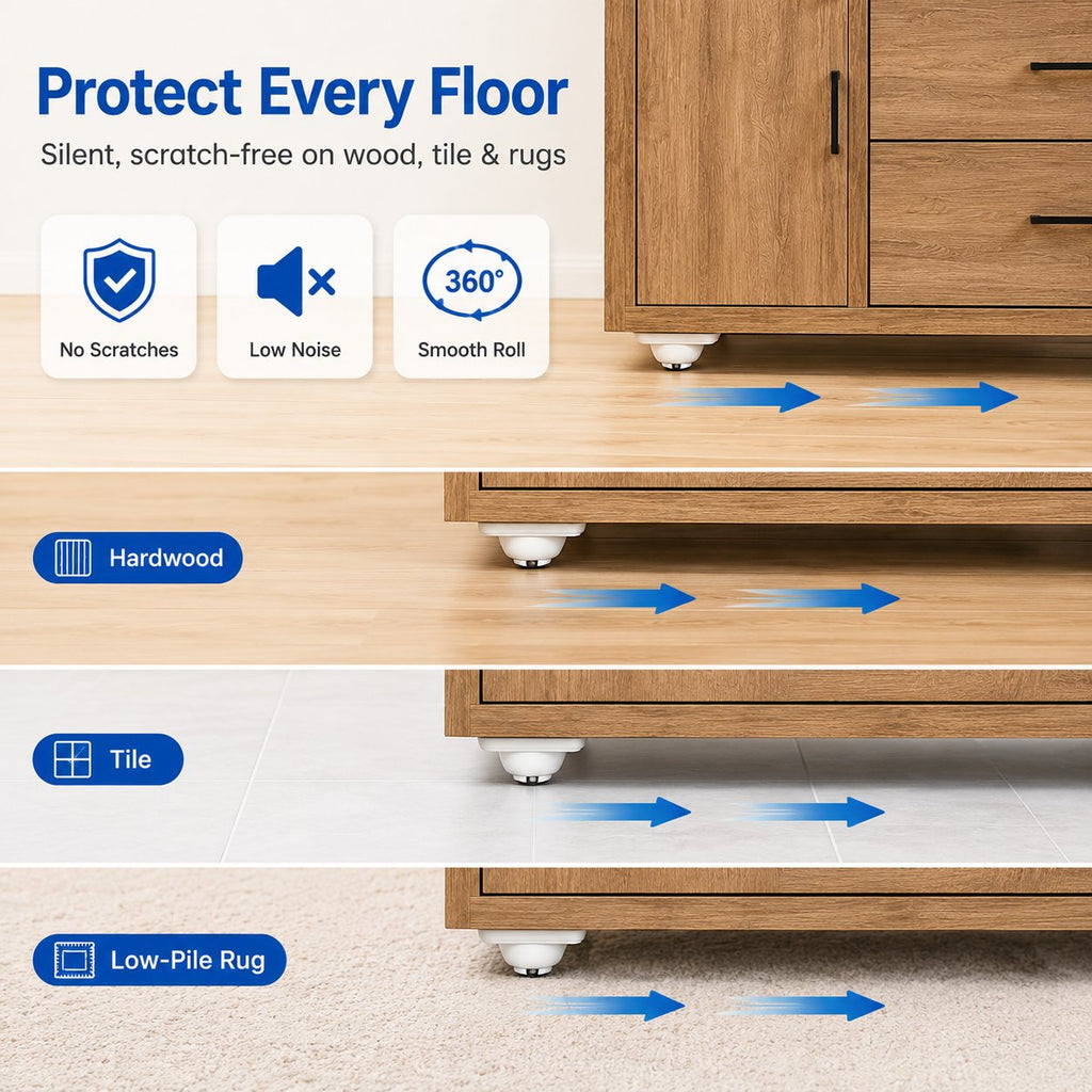 360° Self-Adhesive Mini Caster Wheels – Peel & Stick Multi-Directional Rollers for Furniture, Storage Bins & Home Organizers