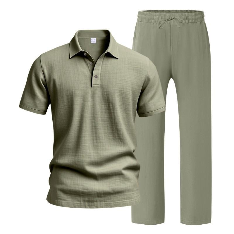 Men’s Linen-Blend 2-Piece Summer Set – Polo Shirt with Shorts or Trousers