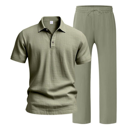 Men’s Linen-Blend 2-Piece Summer Set – Polo Shirt with Shorts or Trousers