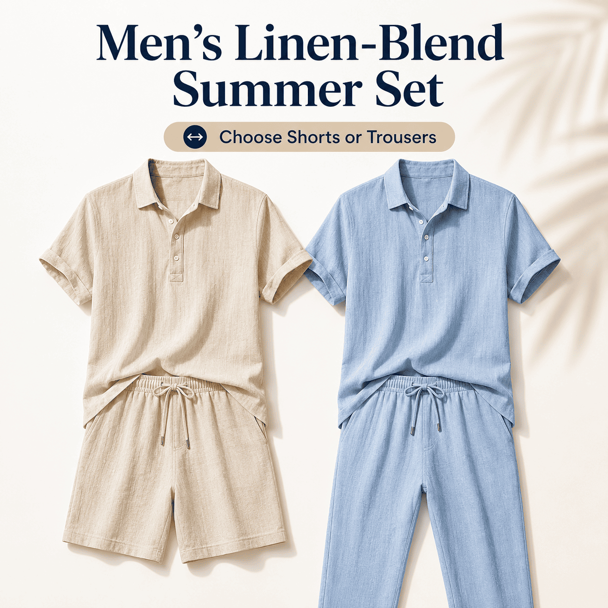 Men’s Linen-Blend 2-Piece Summer Set – Polo Shirt with Shorts or Trousers