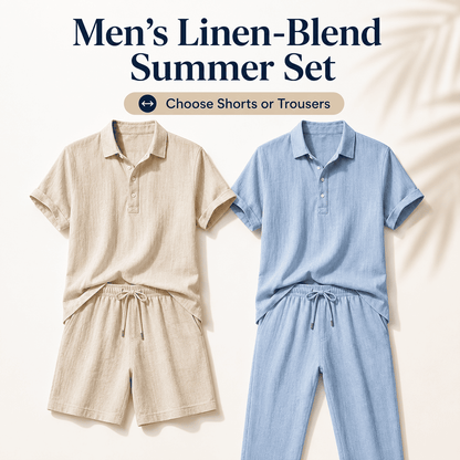 Men’s Linen-Blend 2-Piece Summer Set – Polo Shirt with Shorts or Trousers