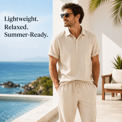 Men’s Linen-Blend 2-Piece Summer Set – Polo Shirt with Shorts or Trousers