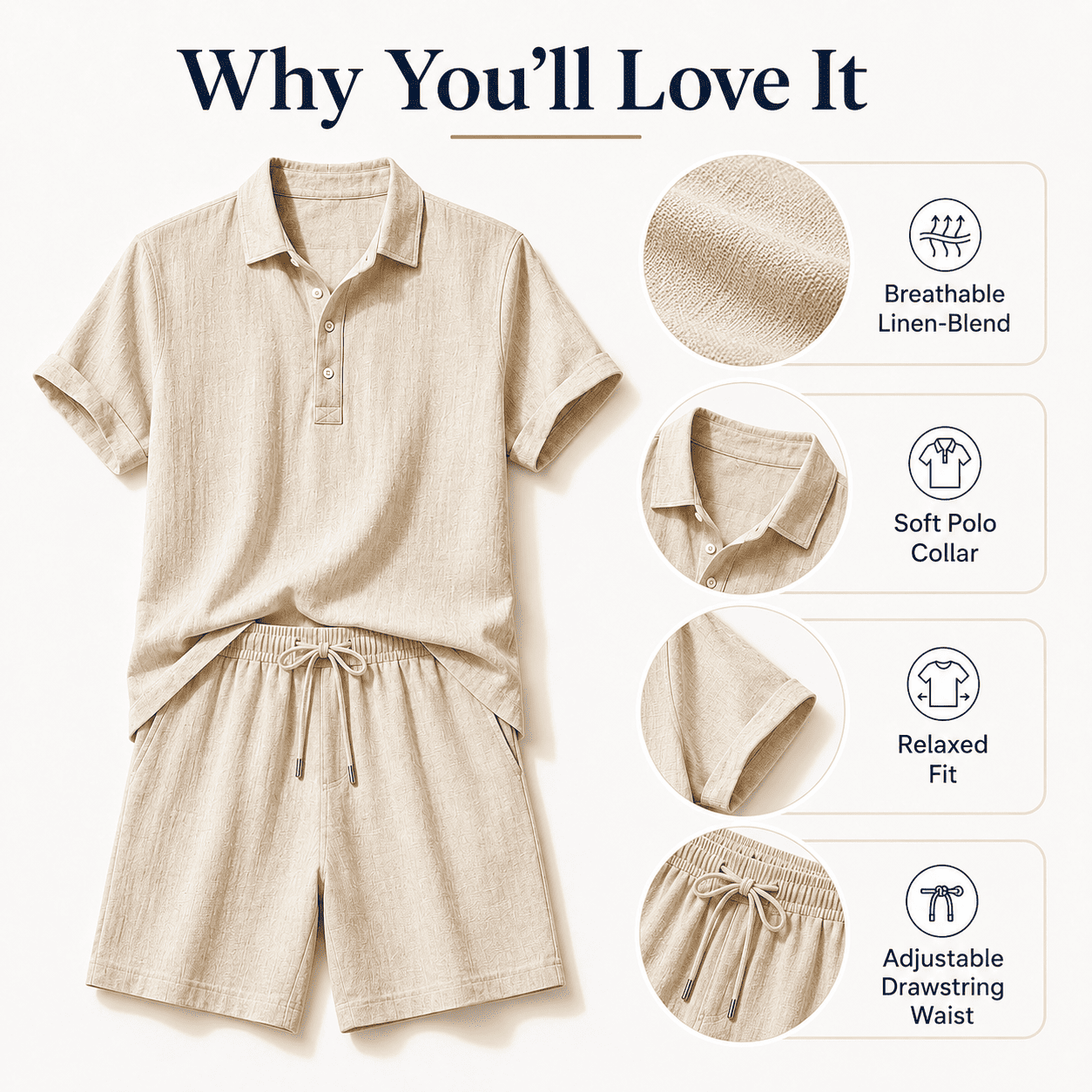 Men’s Linen-Blend 2-Piece Summer Set – Polo Shirt with Shorts or Trousers