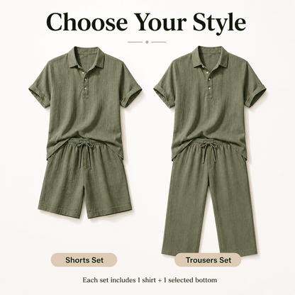 Men’s Linen-Blend 2-Piece Summer Set – Polo Shirt with Shorts or Trousers