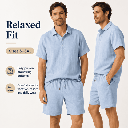 Men’s Linen-Blend 2-Piece Summer Set – Polo Shirt with Shorts or Trousers