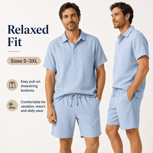 Men’s Linen-Blend 2-Piece Summer Set – Polo Shirt with Shorts or Trousers