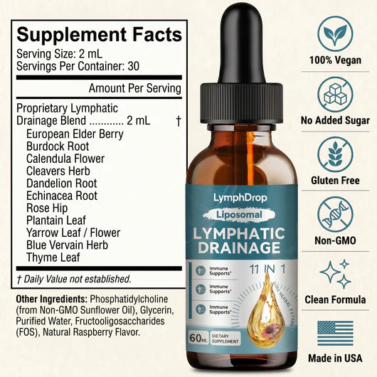 Liposomal Lymphatic Drainage Drops - 11 In 1 Organic Supplement with Burdock Root Echinacea Elderberry Calendula Cleavers Herb Dandelion Supports Lymphatic Health 2 FL.OZ Healthcare Natural