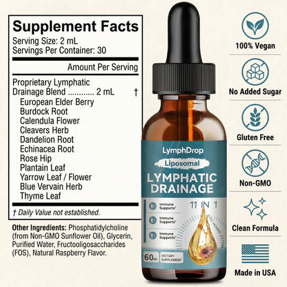 Liposomal Lymphatic Drainage Drops - 11 In 1 Organic Supplement with Burdock Root Echinacea Elderberry Calendula Cleavers Herb Dandelion Supports Lymphatic Health 2 FL.OZ Healthcare Natural