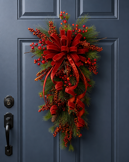 Velvet Berry Fall Door Swag Wreath – Elegant Teardrop Christmas Front Door Decoration