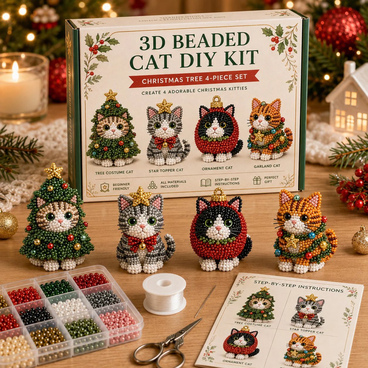 🎄 3D Beaded Christmas Cat DIY Craft Kit Set of 4 Handmade Ornaments 🐱